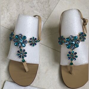 Italian Leather Embellished T-Strap Sandals with Blue Gem Accents. Size 39